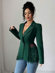 Elenzga Elegante chaqueta de mujer tipo blazer ajustada a la cintura con encaje romántico en contraste - Verde Oscuro - Ver 4