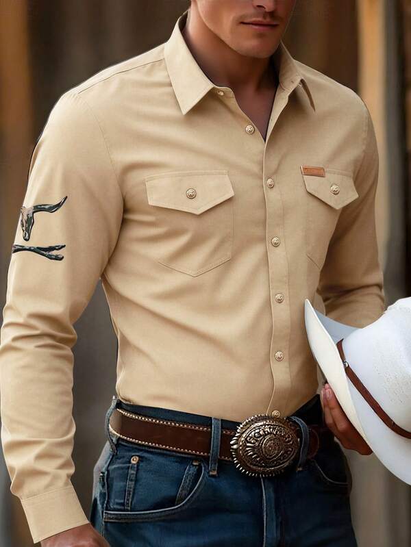 Manfinity Nomadique Men's Western Cowboy Style Casual Long Sleeve Shirt Beige Men Western Shirts Light Brown Shirt Men Cowboy Carter Shirt Cowboy Men Shirt Rodeo Shirt Men