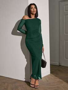 EURMUSE Women Solid Color Sheer Long Sleeve Detailed Dress - Dark Green - View 4