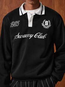 SWAVVY Sudadera casual para hombres, negra con cuello a contraste, estampado, adecuada para primavera, otoño e invierno, top de manga larga - Negro - Ver 7