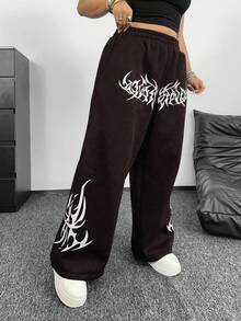 POPSWAY Calça Jogger Casual Reta e Solta com Estampa Floral Gótica Plus Size, Adequada para Formatura, Volta às Aulas, Roupas de Professor - Café - Visão 3