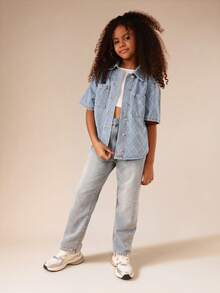 SUMWON Tween Quilted Diamond Denim Button Front Short Sleeve Oversized Shirt For Summer Fall Casual Streetwear - Light Wash - View 1