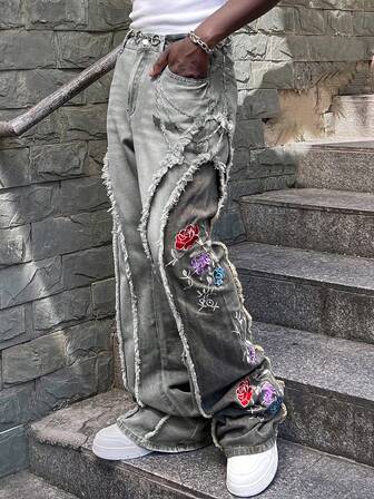 Street Life Jeans délavés et déchirés pour hommes avec broderie florale et patchwork en couches