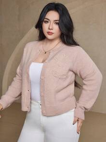 Dazy Plus 時尚休閒 3D 花卉裝飾圓領厚針織開襟毛衣，大尺碼女款，秋冬長袖上衣 - 粉色 - 查看 5