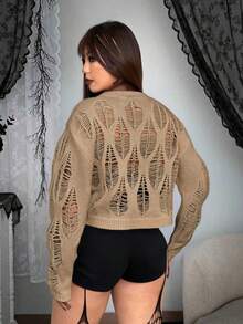 Whyspr 加大码朋克风格圆领镂空破洞套头毛衣，休闲落肩针织上衣 - 卡其色 - 查看 2