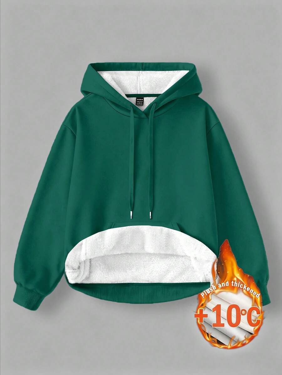 SHEIN EZwear 女士橄榄绿半拉链高领休闲宽松抓绒抽绳加厚卫衣,适合秋冬季穿着 - 墨綠色 - 查看 1