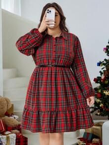 SHEIN CURVE+ Plus Size Plaid Shirt Dress, Red Christmas Holiday A-Line Loose Skirt Plus Size Christmas Red Plaid Dress Plus Size - Red - View 6