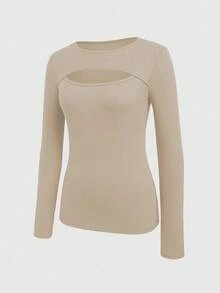 INAWLY Women's Slim Fit Ribbed T-Shirt Fall Cloth For Women - Khaki - View 5