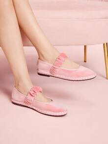 CUCCOO DOLLMOD Women's Elegant Velvet Mary Jane Flats, Shallow Pink, Comfortable & Stretchy - Baby Pink - View 7