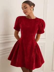 EMERY ROSE Tulip 3D Short Sleeve Round Neck Hem Split Puff Skirt Mini Princess Dress For Women - Burgundy - View 4