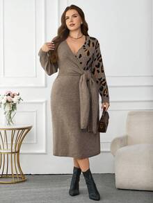 Modelyn Plus Size Autumn/Winter Fashion Leopard Print Patchwork Tie-Up Wrap Knit Dress - Brown - View 3