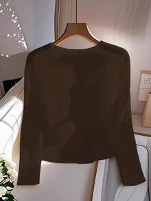 GlowEve 女士时尚商务休闲纯色鸡心领长袖罗纹针织金属纽扣装饰T恤，春秋季 - 棕色 - 查看 2