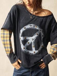 Bohemela Áo thun BOHO cổ tròn tay dài kẻ caro rộng rãi họa tiết hòa bình có chi tiết đính đinh tán dành cho nữ, phong cách đồng quê miền Tây cổ điển, kỳ nghỉ hòa nhạc, trở lại trường, Halloween, Giáng sinh, phù hợp cho mùa thu/đông - Nhiều màu - Xem 10