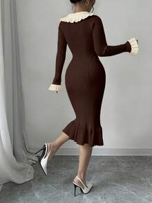 Elenzga Vestido de punto de manga larga con volantes en el bajo y contraste de color para mujer - Café integral - Ver 2