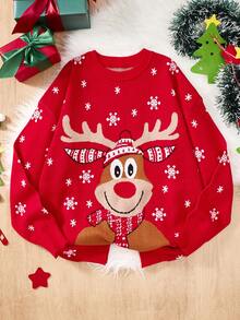 SHEIN Men's Red Base Christmas Reindeer Pattern Crew Neck Long Sleeve Sweater, For Winter - Red - View 6