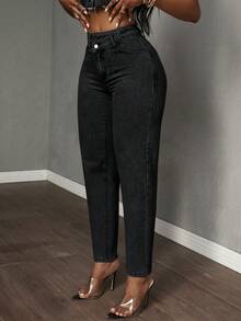 SHEIN Tall Jeans casuales y versátiles con bolsillo asimétrico en la cintura y corte entallado para mujer - Negro - Ver 6