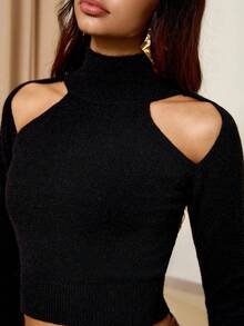 Lyxana Elegant Off-Shoulder High Neck Long Sleeve Knit Sweater - Black - View 6