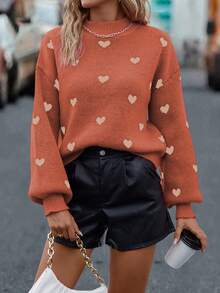 EMERY ROSE Heart Pattern Lantern Sleeve Sweater, Casual Autumn/Winter - Orange - View 4