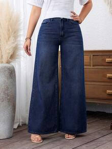 EMERY ROSE Plus Size Women Casual Pockets Loose Denim Wide Leg Pants Winter New Year - Dark Wash - View 5