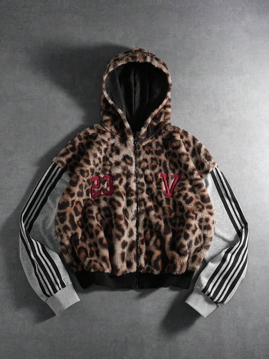 PAVTROS Manfinity Streetrush 男士街头风流行 INS 同款时尚豹纹拉链连帽卫衣，哥特风，街头服饰，运动套装，颓废风，保暖冬季，圣诞节，长袖上衣