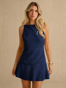 Enchnt 女士纯色高领露背无袖上衣和迷你裙休闲套装 - 藏蓝色 - 查看 3