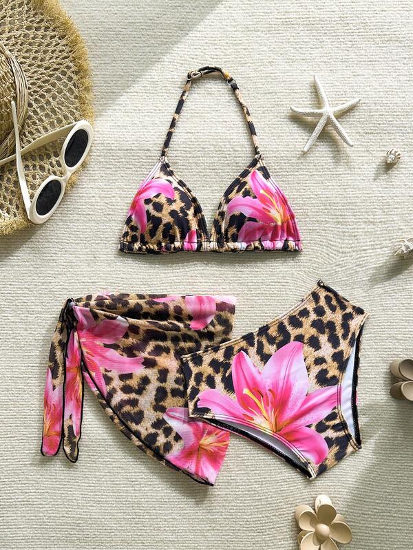 SHEIN 3pcs/Set Tween Girl Leopard & Lily Flower Print Halter Top Tropical Stylish Multicolor Bikini Swimsuit With Sarong Bathing Suits For Vacation Summer Holiday