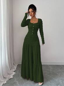 Selianne 女式粉色纹理面料休闲度假风格长袖方领纽扣上衣和超长 A 字裙两件套，秋季 - 軍綠色 - 查看 5