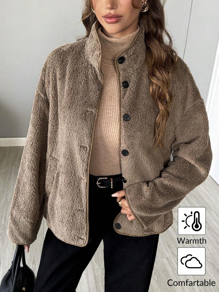 SHEIN LUNE معطف شتوي سميك من الفليس المرجاني القابل للعكس باللون الرمادي للنساء، إغلاق أمامي بأزرار، جيوب، أكمام طويلة وياقة عالية - رمادي - مشاهدة 1