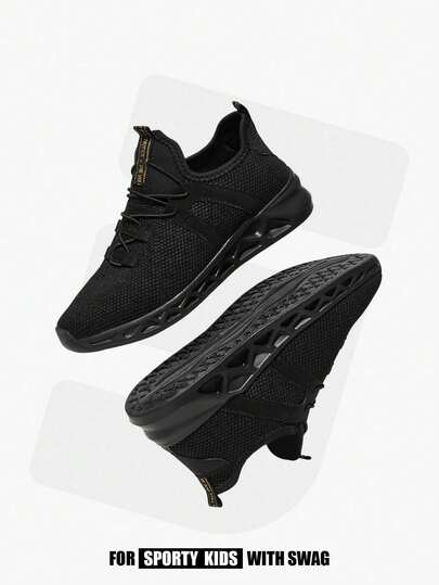 JNSQ Fashionable Black Breathable Mesh Running Shoes For Kids, Suitable For All Seasons, Outdoors