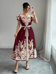 Elenzga Women's Romantic Vacation Bohemian Style Printed Dress - Burgundy - View 3