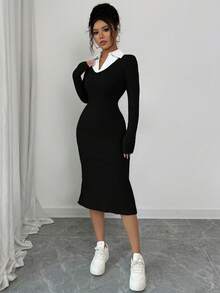 Rafferiza Đầm ôm body tay ngắn cổ chữ V phối lưới thun màu đen thanh lịch thời trang dành cho nữ - màu đen - Xem 5