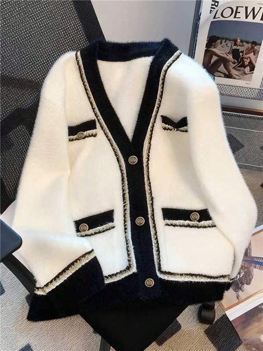 GlowEve Soft & Gentle V-Neck Fashionable Contrast Color Casual Versatile Women Knitted Cardigan, Autumn/Winter - White - View 1