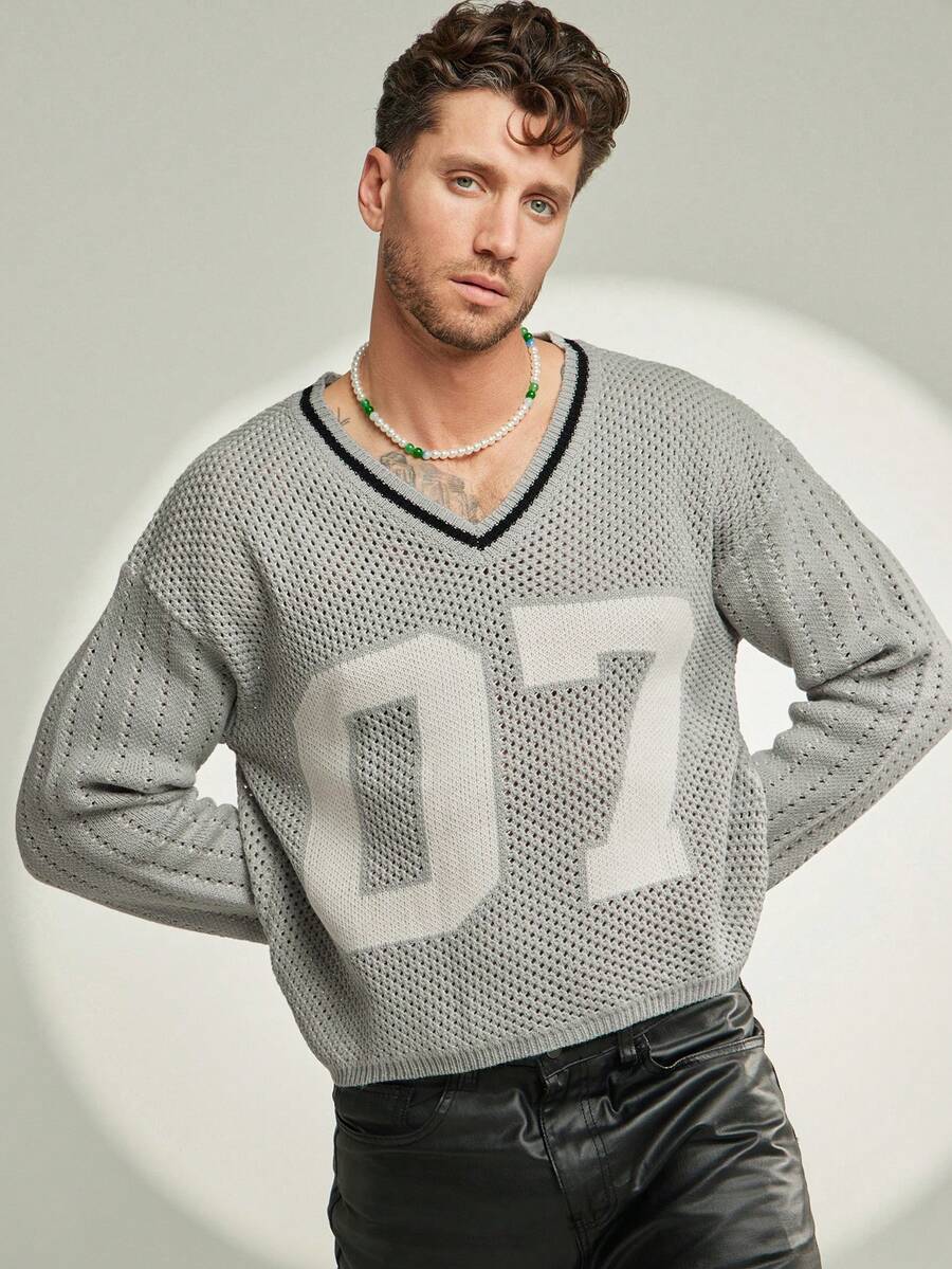 FeverCity Men's Casual Numeric Pattern Sweater, Autumn/Winter - Grey - View 1