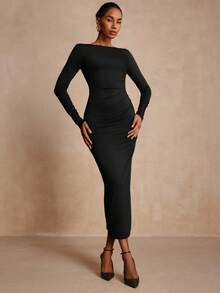 Vesra Vestido de punto ajustado con decoración metálica en la espalda para mujeres, para fiestas y reuniones - Negro - Ver 7