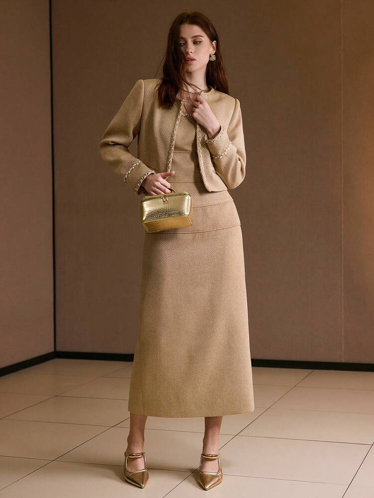 DECORATIVE TAPE FITTED BANDEAU DRESS, AUTUMN/WINTER