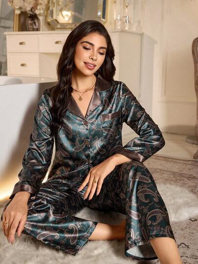 LuxeNights Women's Contrast Color Cashew Flower Faux Silk Long Sleeve Top & Pants Pajama Set Women Lounge Sets, Fall & Winter Clothes Lounge Wear Satin Pj Set