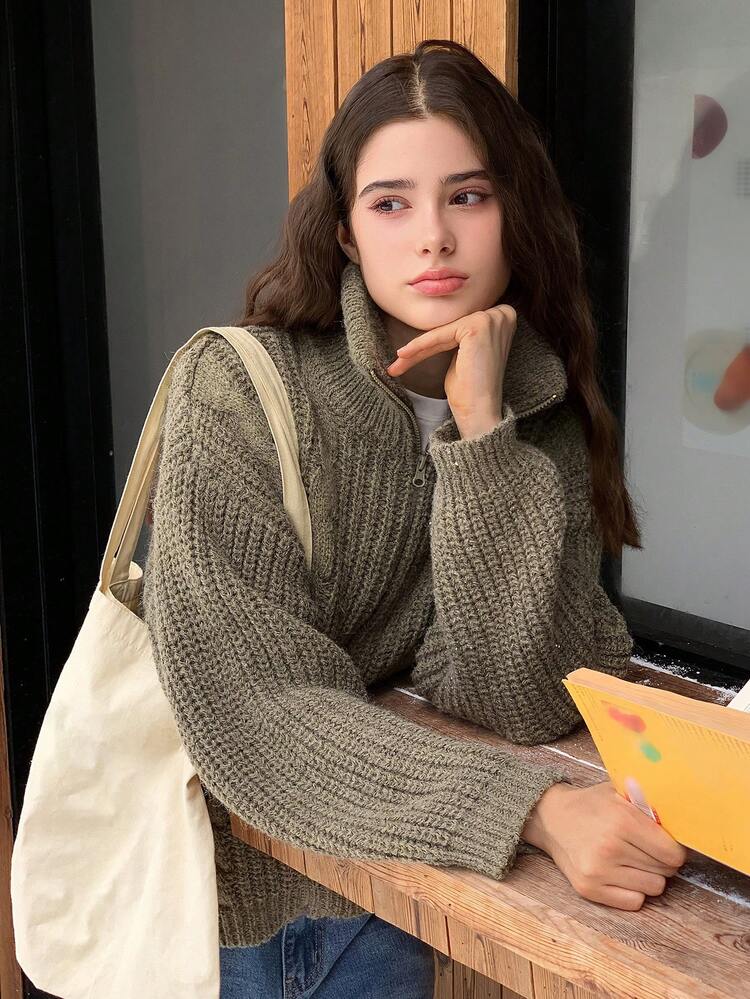 Teen Girl Solid Color Half Zip Turtleneck Long Sleeve Pullover Sweater, Autumn/Winter