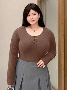 Dazy Plus Crew Neck Bow Decor Slim Fit Long Sleeve T-Shirt, Spring/Summer - Brown - View 5