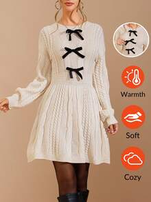 SHEIN Clasi Vestido corto de punto con cuello redondo elegante, lazo y manga larga, adecuado para uso diario y múltiples ocasiones, otoño - Albaricoque - Ver 3