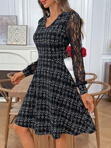 EMERY ROSE Váy ngắn thanh lịch cổ chữ V ren tương phản dành cho nữ - màu đen - Xem 7