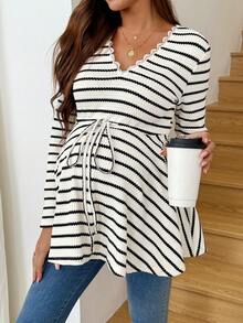 SHEIN 休闲女装，秋季，孕妇款，撞色蕾丝V领长袖腰带条纹T恤 - 白色 - 查看 7