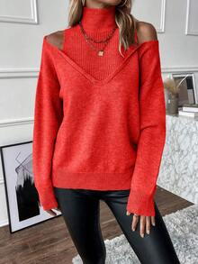 EMERY ROSE Casual Solid Color Off-Shoulder Stand Collar Sweater, Autumn/Winter - Red - View 5