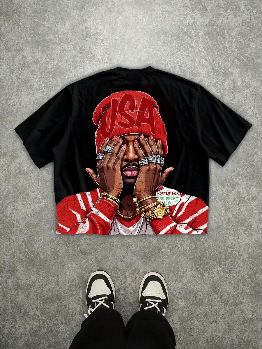 Manfinity EMRG Men's Loose Fit Allover Print Cropped T-Shirt, Streetwear Style Hip Hop T-Shirt Rapper Graphic Tees - Red - View 1