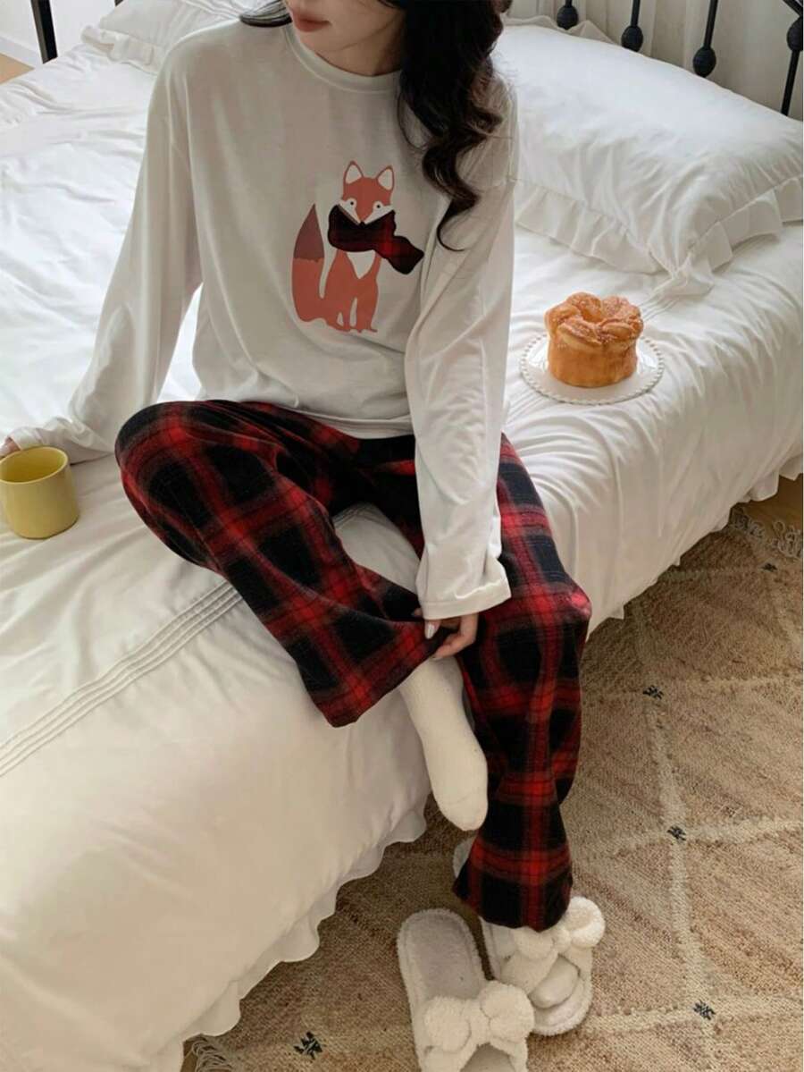 优雅简约少女冬季狐狸印花刺绣白色上衣和红黑格子裤休闲舒适长袖家居服两件套 - 紅色 - 查看 1