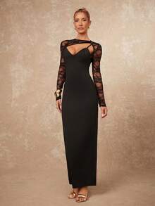 Lumalex Winter Fall Asymmetrical Lace Patchwork Long Sleeve V-Neck Bodycon Dress For Women Long Sleeve Formal Dress Black Long Dress Elegant Black Formal Evening Gown Black Wedding Guest Dress  Luxury Prom Gathering Party Banquet Modest Old Money Coquette Glitter Holiday Party Rave Festival Outing Vacation Hot Outdoor Richly Layered Wedding Season Banquet ID Al-Adha Al-Adha Party New Year ANCORA Red Bordeaux Red BURGUNDY Red Party Must Have Perfect For Frosty Days - Black - View 6