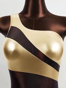 BamGleam 时尚性感撞色网眼拼布紧身迷你连衣裙 - 金色 - 查看 5