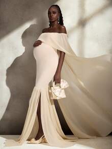 Cheriluna Maternity Maternity Photoshoot Dress, Off-Shoulder Double-Layer Design With Cloak, Fish Tail Hem Floor-Length Gown - Apricot - View 5