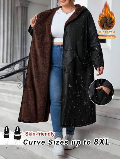 SHEIN CURVE+ 大码前拉链长袖口袋简约黑色防水面料连帽夹克，休闲日常秋冬装，秋冬长款夹克