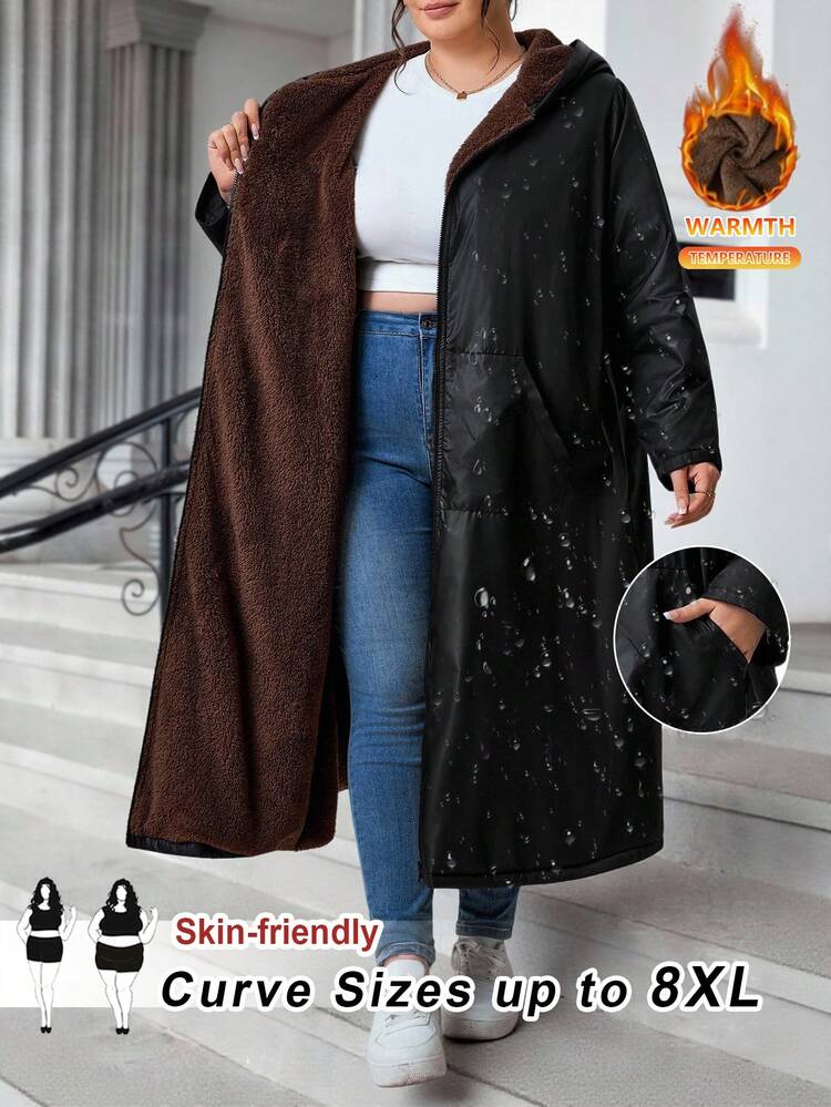 SHEIN CURVE+ 大码前拉链长袖口袋简约黑色防水面料连帽夹克，休闲日常秋冬装，秋冬长款夹克 - 黑色 - 查看 1