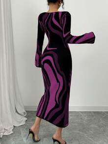Elenzga Women's Color Block Fitted Waist All-Over Print Long Sleeve Sweater Dress - Purple - View 2